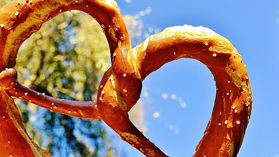 Eine Bretzel im Vordergrund. Im Hintergrund ist ein Baum und blauer strahlender Himmel. 